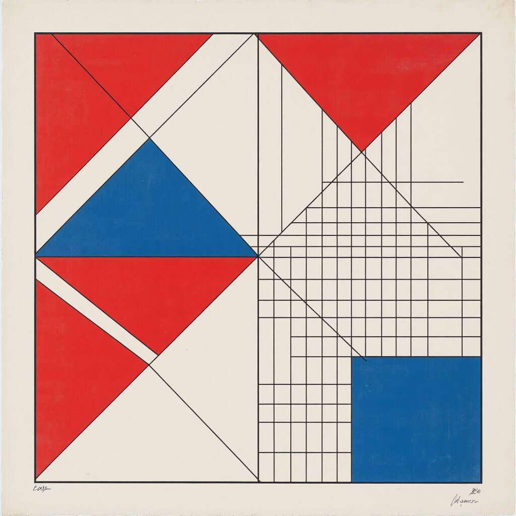 Modulares geometrisches Fragment mit überlagerten Dreiecken, Rhomben und Rasterflächen; klare Bauhaus-orientierte Komposition mit roten und blauen Akzenten